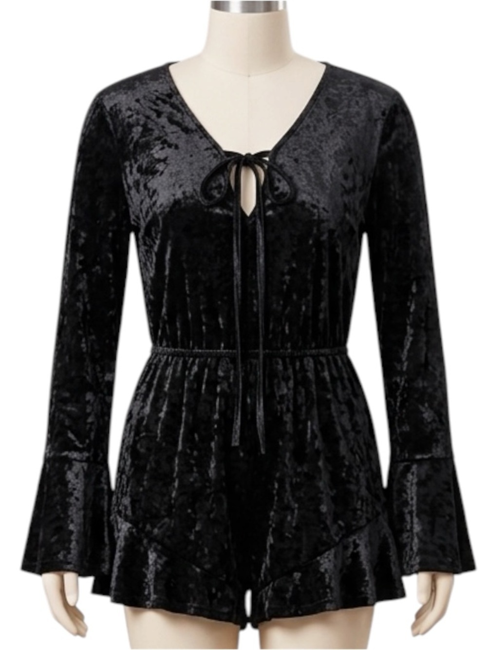 Velzera black velvet romper, bell sleeves size medium